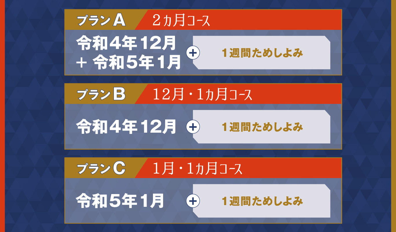 プランA「2ヶ月コース(令和4年12月~令和5年1月+1週間のためしよみ)」、プランB「1ヶ月コース(令和4年12月+1週間のためしよみ)」、プランC「1ヶ月コース(令和5年1月+1週間のためしよみ)」