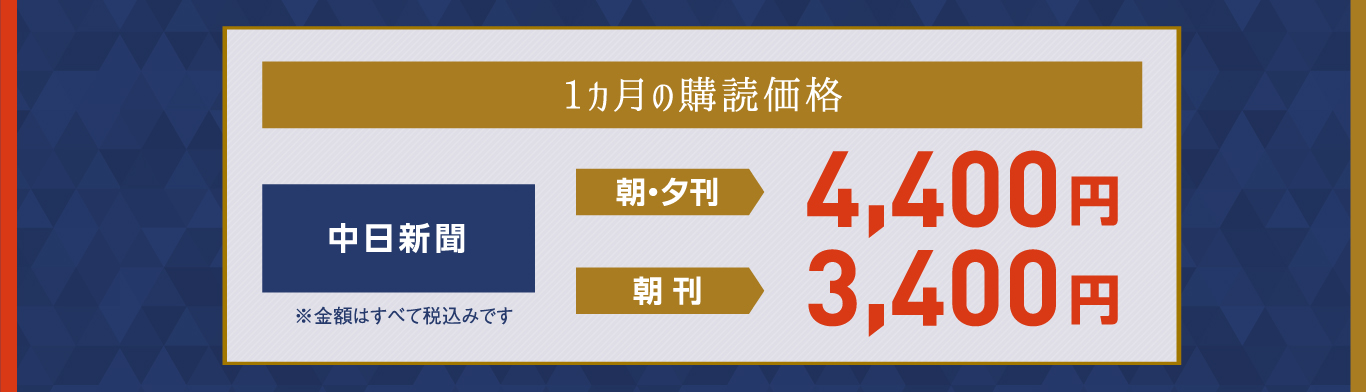 中日新聞1ヶ月の購読価格(朝夕セット4400円、朝刊3400円)※金額は全て税込みです