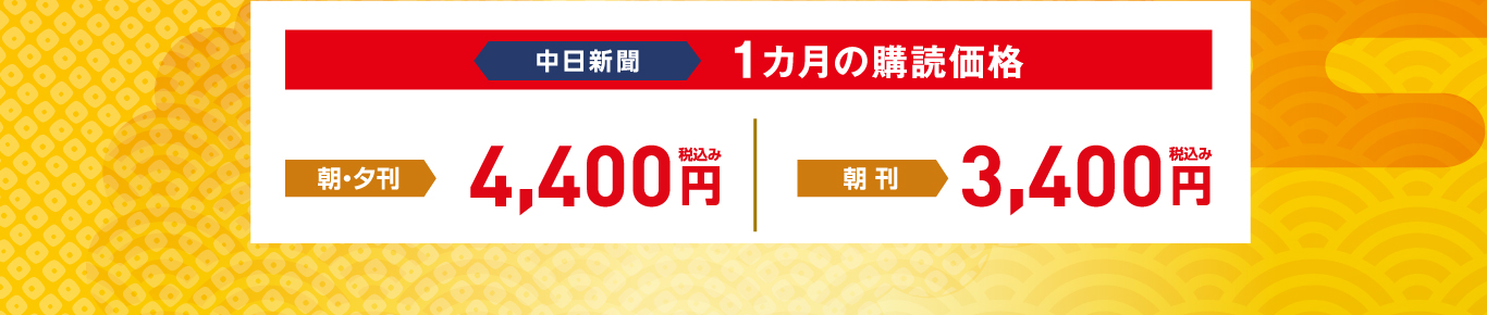 中日新聞1ヶ月の購読価格(朝夕セット4,400円、朝刊3,400円)※金額は全て税込みです